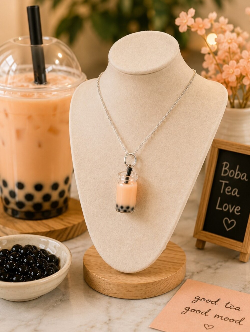 Mini Boba Tea Necklace Bubble Tea Charm Silver Chain Kawaii Food Jewelry Gift 17